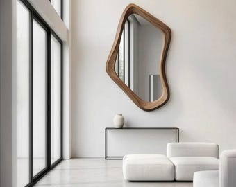 Espejo de pared de madera ondulado orgánico, espejo moderno asimétrico para recibidor o sala de estar, pieza decorativa.