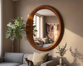 Round Walnut Wall Mirror; Modern Organic Shape Wood Mirror for Living Room & Entryway