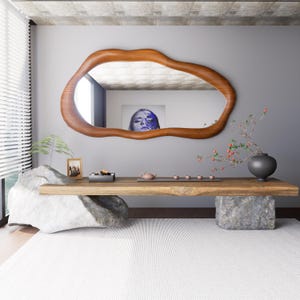 Asymmetric Wavy Wood Frame Mirror: Rustic Office Decor