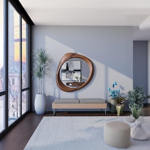 Round Walnut Frame Wall Mirror: Modern Minimalist Decor