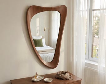 Asymmetric Natural Wooden Framed Wall Decor Mirror,Mid Century Modern Irregular Mirror