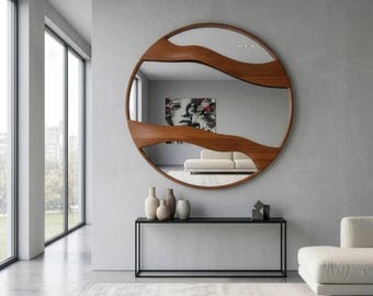 Round Walnut Wall Mirror; Modern Organic Shape Wood Mirror for Living Room & Entryway
