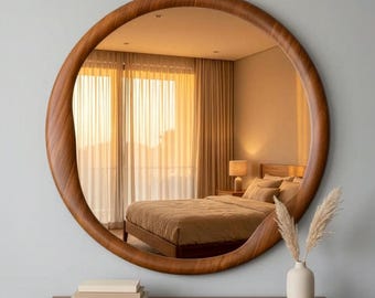 Round Walnut Wall Mirror; Modern Organic Shape Wood Mirror for Living Room & Entryway