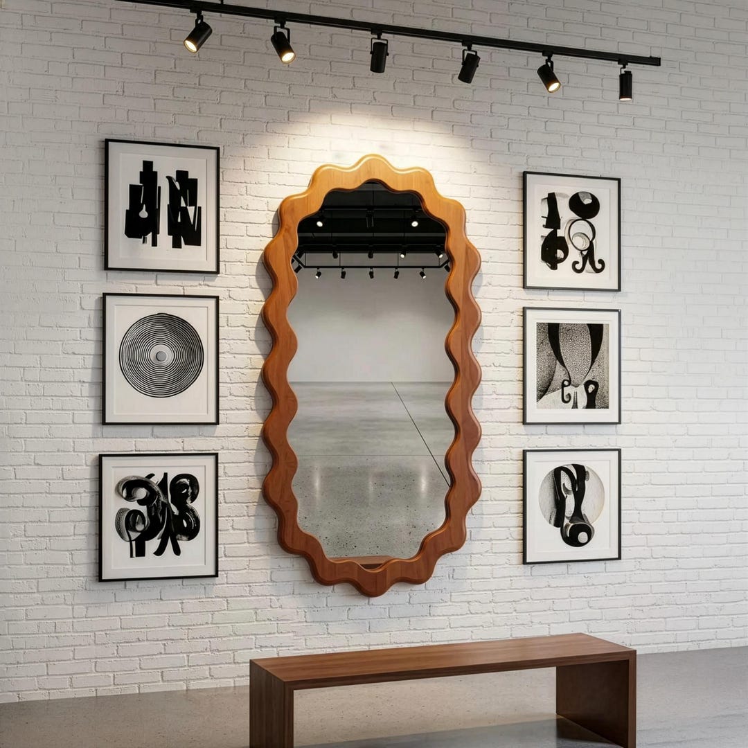 Handmade Wavy Walnut Wall Mirror, Scalloped Frame, Modern Organic Decor ...