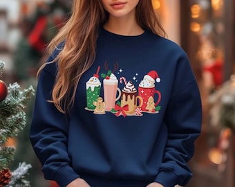 Christmas Drinks Sweatshirt T Shirt, Cute Hot Cocoa Crewneck, Festive Coffee Lover Holiday Tee, Cozy Winter Pullover, Pastel Xmas Top