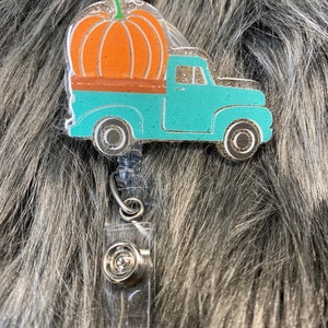 Pumpkin Truck Retractable Badge Reel, Personalized Badge Reel, Custom Name Badge Holder for Healthcare Professionals & Office Workers image 1