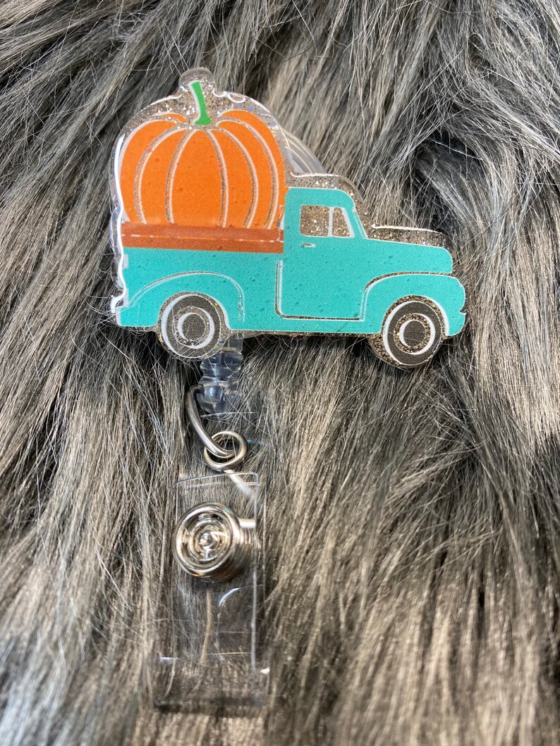 Pumpkin Truck Retractable Badge Reel, Personalized Badge Reel, Custom Name Badge Holder for Healthcare Professionals & Office Workers image 1