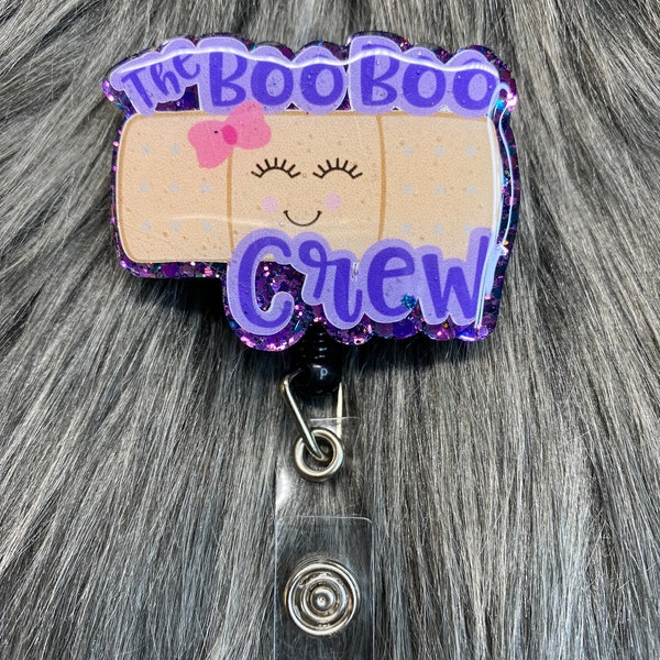 Boo Boo Crew Retractable Badge Reel Personalized Badge Reel, Custom Name Badge Holder for Healthcare Professionals & Office Workers, Glitter