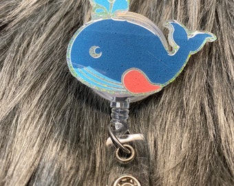 Whale Retractable Badge Reel, Personalized Badge Reel, Custom Name Badge Holder for Healthcare Professionals and Office Workers, Glitter