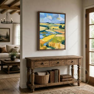 Bold abstract landscape painting for dining room — a vibrant display of nature's beauty with rolling fields and a winding stream.