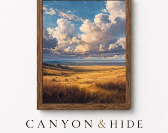 Impression de paysage rustique des prairies de l'ouest - art de la ferme de mauvaise humeur, scène d'herbes ensoleillées et de cumulus, art mural vintage, téléchargement numérique 33