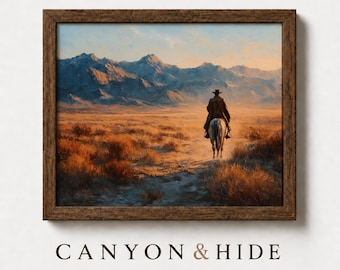 Paysage western classique - cow-boy à cheval, art scénique des plaines du désert rustique, vue cinématographique du canyon, art numérique imprimable 231