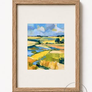 Meandering creek picture for home office — vivid ochres and blues offer a sense of tranquility and escape in an impressionistic style.