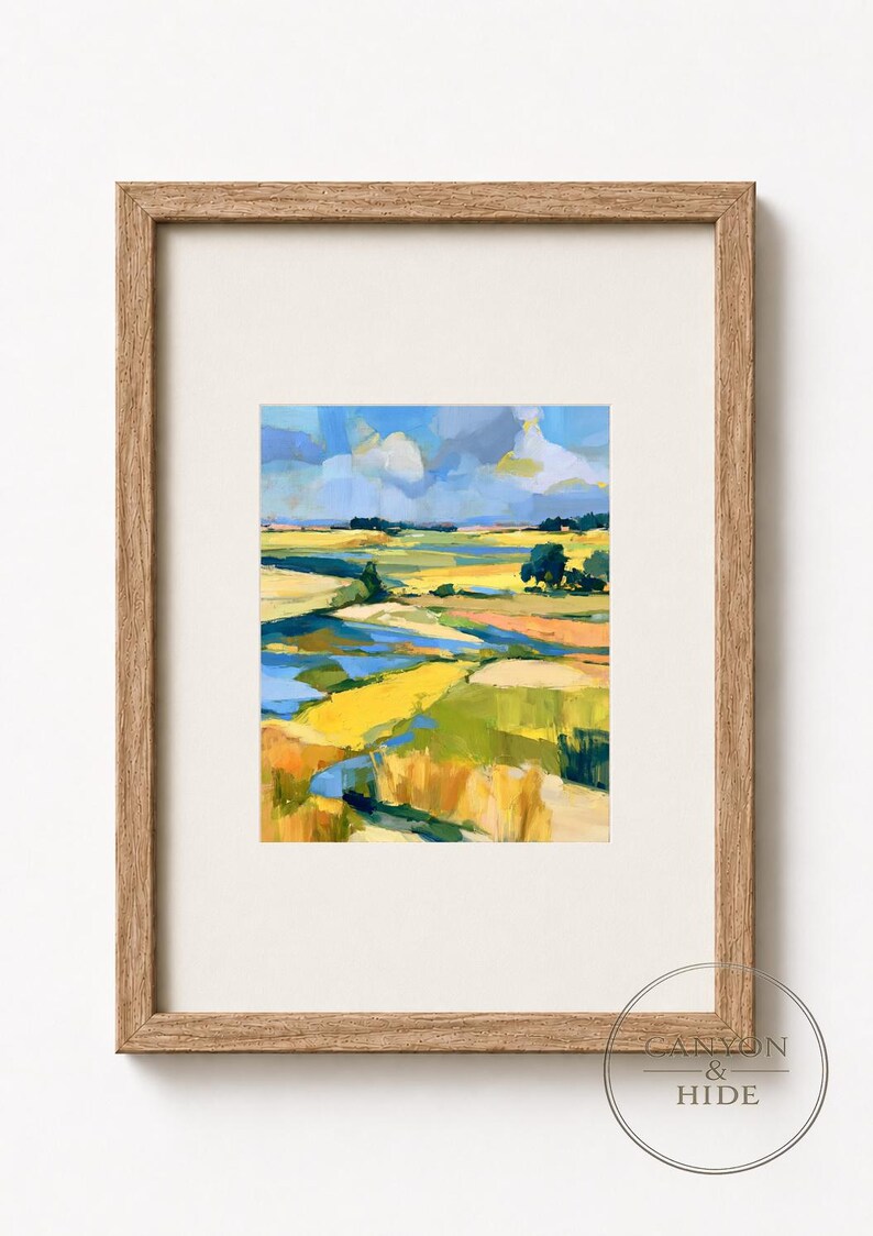 Meandering creek picture for home office — vivid ochres and blues offer a sense of tranquility and escape in an impressionistic style.
