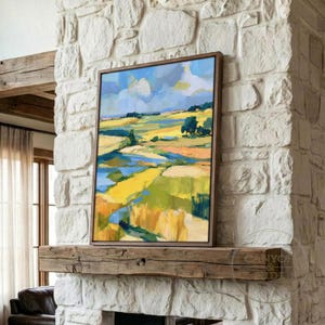 Impressionistic western landscape digital download for studio — dynamic colors bring rolling hills and a peaceful creek to life.