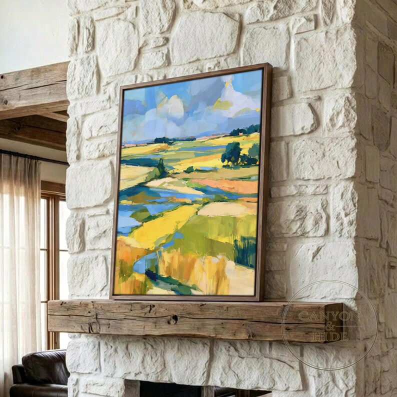 Impressionistic western landscape digital download for studio — dynamic colors bring rolling hills and a peaceful creek to life.