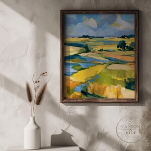 Rolling hills and a meandering stream digital print for living room — vibrant brushstrokes evoke a pastoral charm.