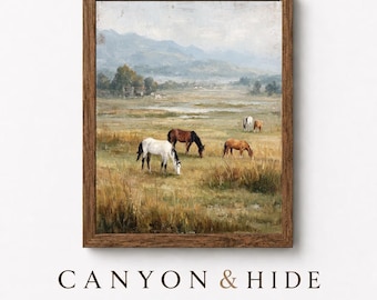 Chevaux de ferme rustique dans une prairie - scène pastorale vintage, art paysager cheval western raffiné, décoration murale imprimable en téléchargement numérique 34