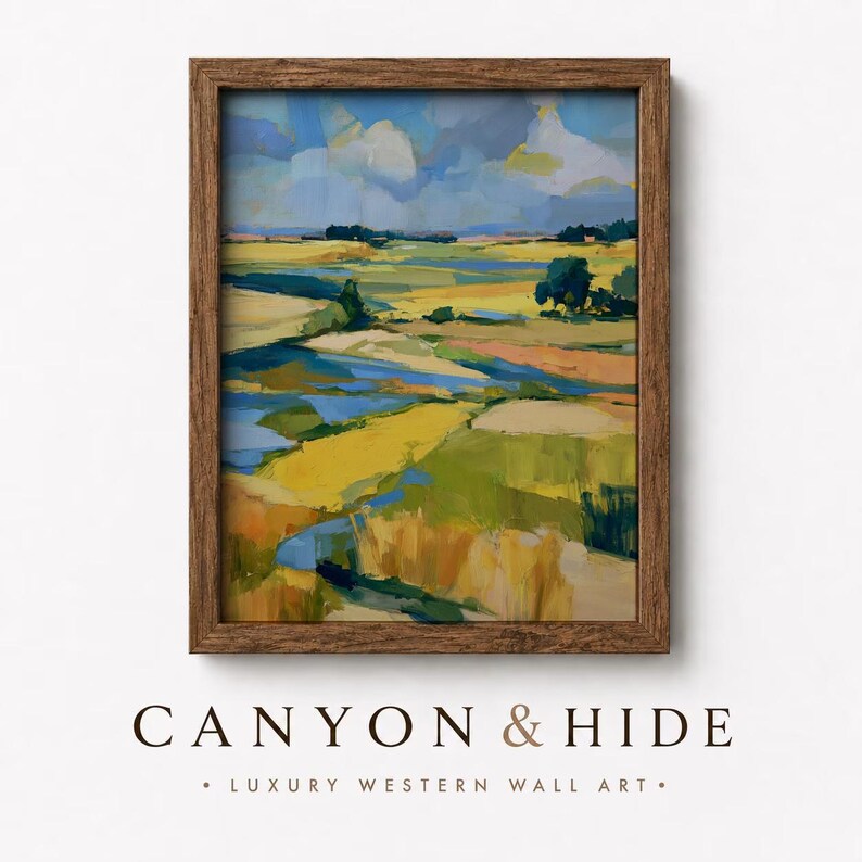 Rustic abstract landscape artwork for entryway — layered brushstrokes in fresh greens and blues inspire a bright and cozy ambiance.
