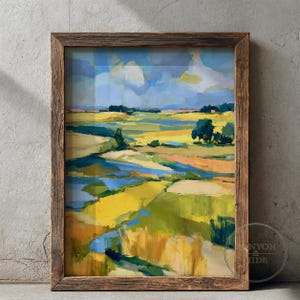Textured sky landscape printable art for bedroom — harmonious colors and abstract fields create a serene, rustic retreat.