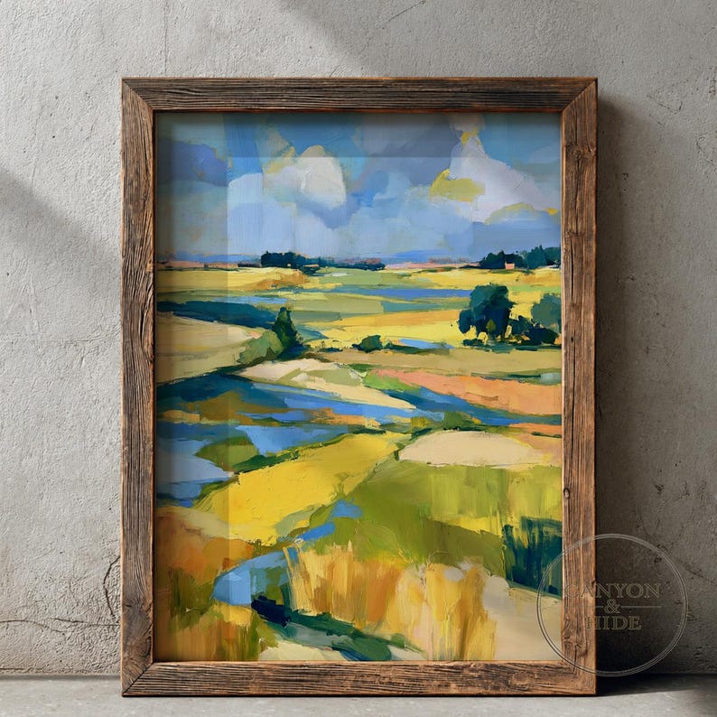 Textured sky landscape printable art for bedroom — harmonious colors and abstract fields create a serene, rustic retreat.