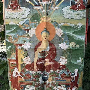 Vintage Bodhisattva Thangka Tapestry MeditatioTibetan Buddhist scriptures Thangka Painting,Wall hanging Buddist Art for Meditation Yoga gift