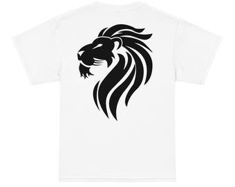May include: White t-shirt featuring a black lion head design. The lion's mane is stylized with curved lines, and the head is in profile. The shirt is made of a soft material and has short sleeves.