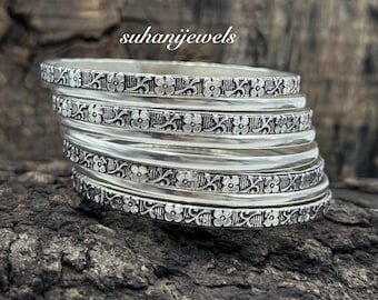Sterling Silver Floral Bangles, Set of 8, Handmade Tribal Jewelry
