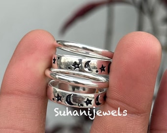 Anillos celestiales de plata de ley / Anillos apilables con diseño de estrella y luna