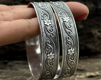 Handmade 925 Sterling Silver Bangle Set - Boho Floral Stackable Bracelets