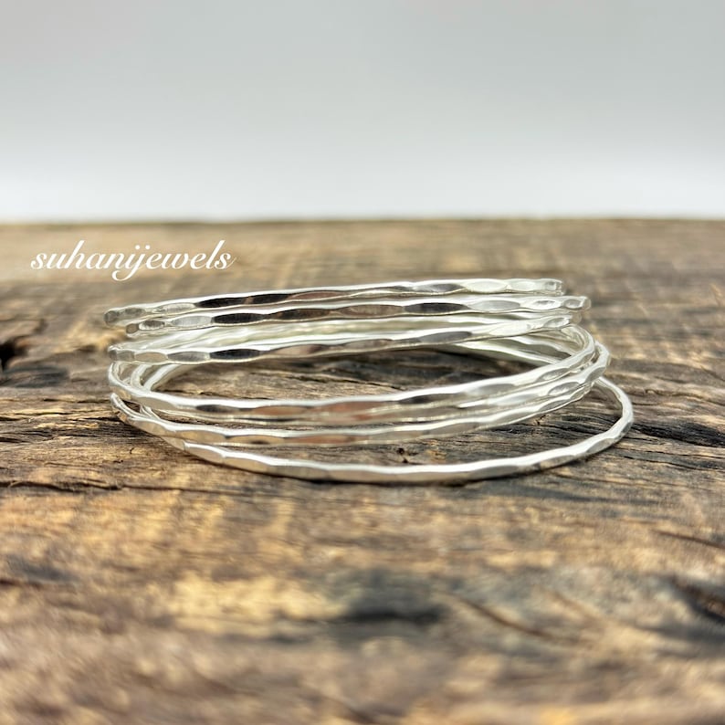 Sterling Silver Hammered Bangle Set | Minimalist Boho Stacking Bangles ...