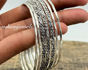 Daisy Flower Sterling Silver Bangle Set, Handmade Indian Jewelry