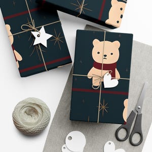 Holiday Bear Wrapping Paper – Festive Gift Wrap with Scarfed Bears, Red Accents & Dark Green Background