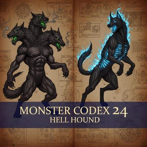 Peut inclure: Illustration numérique de deux chiens de l'enfer. L'un est une créature à trois têtes avec des bouches vertes incandescentes. L'autre est un canidé avec des flammes bleues et un design squelettique. Le texte "MONSTER CODEX 24 HELL HOUND" est en bas.