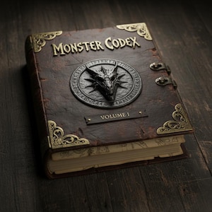 May include: A leather-bound book titled "Monster Codex Volume I" with ornate metal corner accents and a central emblem of a dragon's head. The book has a distressed, aged appearance, suggesting a fantasy theme.