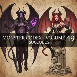 Pode incluir: Ilustração digital de duas súcubos de "Monster Codex - Volume 49". Uma é roxa com asas escuras, a outra ruiva, sentada sobre crânios. O texto "Monster Codex - Volume 49 Succubus" aparece sobre um fundo de pergaminho.