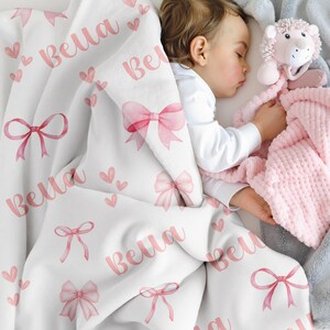 Personalized Pink Bow Blanket, Custom Velveteen Throw with Name, Cozy Nursery Decor, Baby Shower Gift, Plush Blanket for Girls image 5