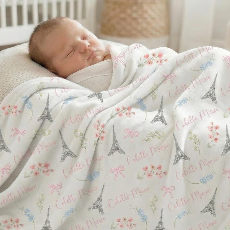 Personalized Paris Baby Blanket | Eiffel Tower Nursery Gift | Custom Name Floral Bow Blanket image 7