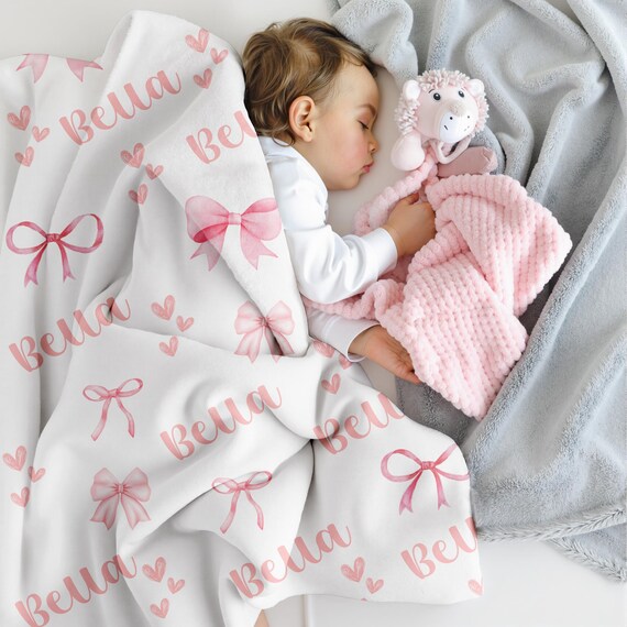 Personalized Pink Bow Blanket, Custom Velveteen Throw with Name, Cozy Nursery Decor, Baby Shower Gift, Plush Blanket for Girls