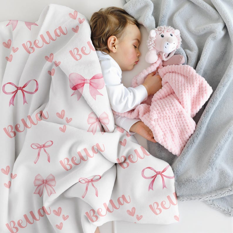 Personalized Pink Bow Blanket, Custom Velveteen Throw with Name, Cozy Nursery Decor, Baby Shower Gift, Plush Blanket for Girls image 5