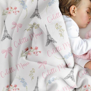 Personalized Paris Baby Blanket | Eiffel Tower Nursery Gift | Custom Name Floral Bow Blanket image 1
