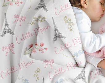 Personalized Paris Baby Blanket | Eiffel Tower Nursery Gift | Custom Name Floral Bow Blanket