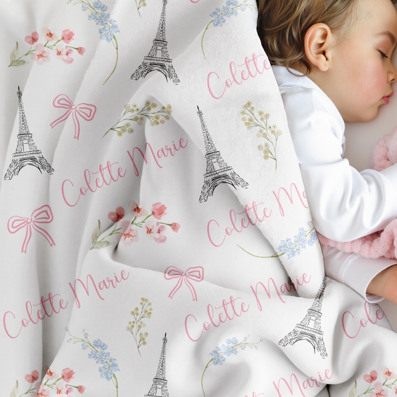 Personalized Paris Baby Blanket | Eiffel Tower Nursery Gift | Custom Name Floral Bow Blanket image 1