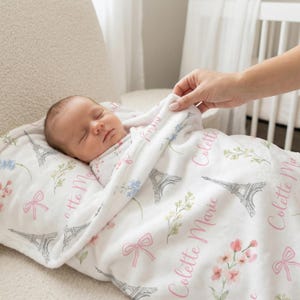 Personalized Paris Baby Blanket | Eiffel Tower Nursery Gift | Custom Name Floral Bow Blanket image 8