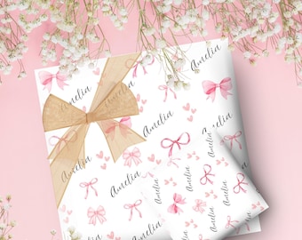 Różowy papier do pakowania prezentów z kokardą, opakowanie na baby shower, projekt opakowania na zamówienie, wzór na prezent urodzinowy, kobieca wstążka, elegancka dekoracja