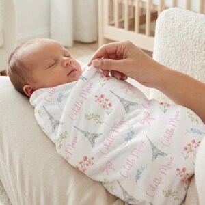 Personalized Paris Baby Blanket | Eiffel Tower Nursery Gift | Custom Name Floral Bow Blanket image 2