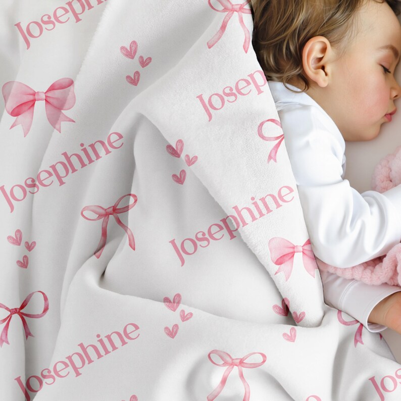 Personalized Pink Bow Blanket, Custom Velveteen Throw with Name, Cozy Nursery Decor, Baby Shower Gift, Plush Blanket for Girls image 3