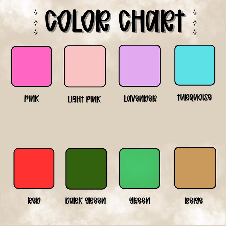 May include: A color chart with eight color swatches in pink, light pink, lavender, turquoise, red, dark green, green, and beige. The text "COLOR CHART" is at the top of the image, with the color names below each swatch.