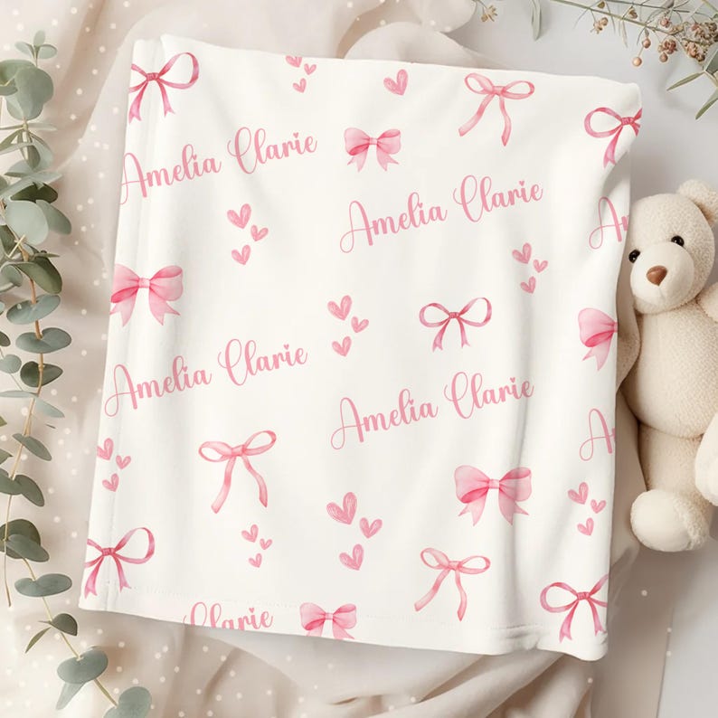 Personalized Pink Bow Blanket, Custom Velveteen Throw with Name, Cozy Nursery Decor, Baby Shower Gift, Plush Blanket for Girls image 7