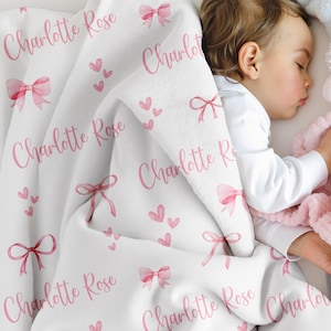 Personalized Pink Bow Blanket, Custom Velveteen Throw with Name, Cozy Nursery Decor, Baby Shower Gift, Plush Blanket for Girls image 1